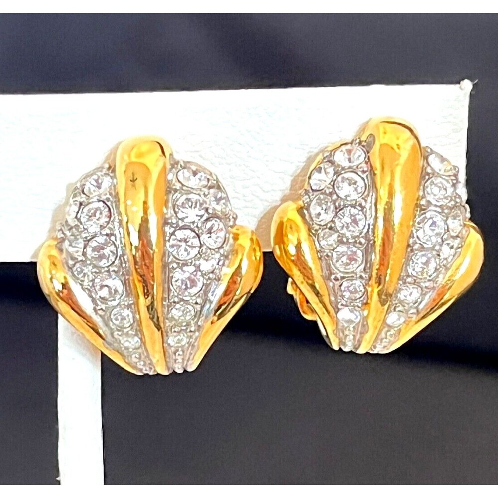 Vintage 1990s Joan Rivers Clip Earrings Gold Plate Pave Crystal NOS - 2D